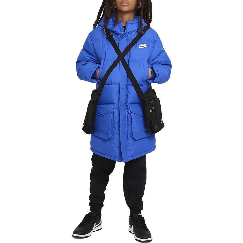 Nike Down Jacket Long Casual Hooded Zipper Kids Outerwear Game-Royal FV3074-480