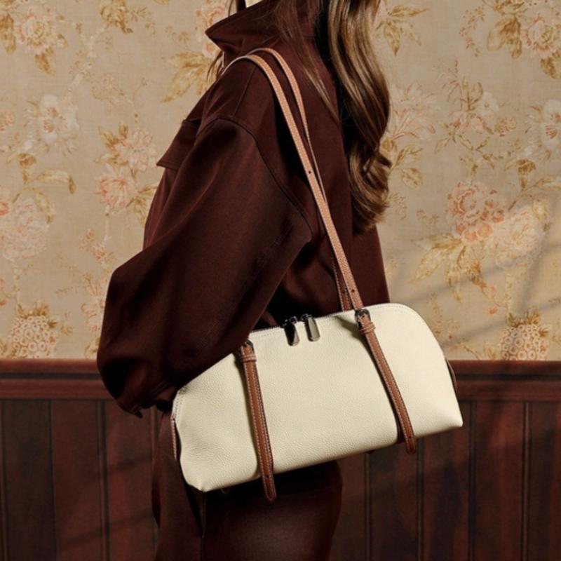 Vintage Genuine Leather Shell Shoulder Bag Ctrast Color Soft Designer Handbag Adjustable Strap Female Underarm Hobo Tote