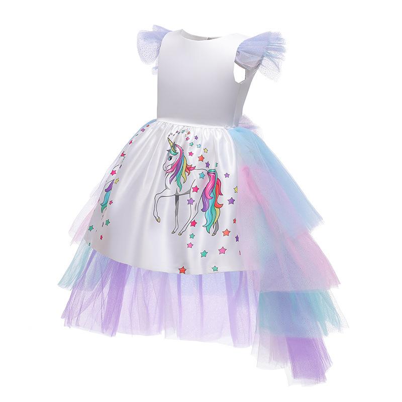 2020 Einhorn Kleid Mädchen Prinzessinnenkleid Regenbogen Kuchen Kleid Netz Abnehmbarer Umhang Halloween Außenhandel