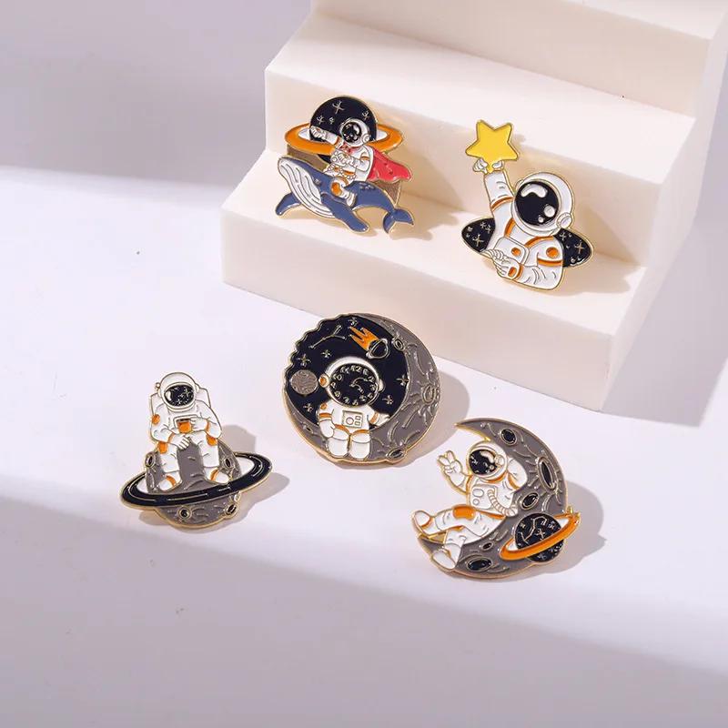 Astronaut Enamel Pins Planet Rocket Whale Star Moon Galaxy Coffee Metal Brooches Badges Pins Up Gift for Space Lover