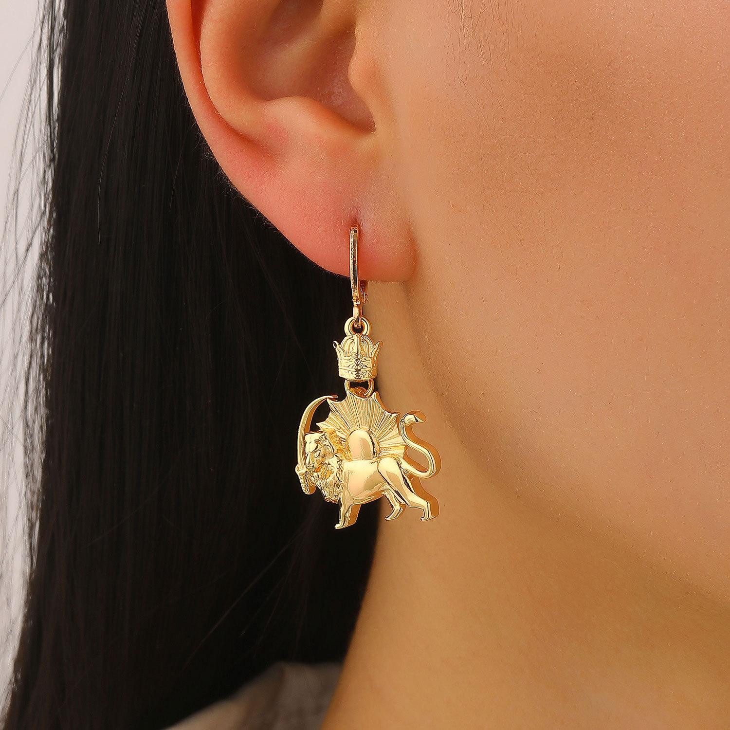 Regal Lion Pendant Earrings with Crown and Sword Design Bold Statement Jewelry