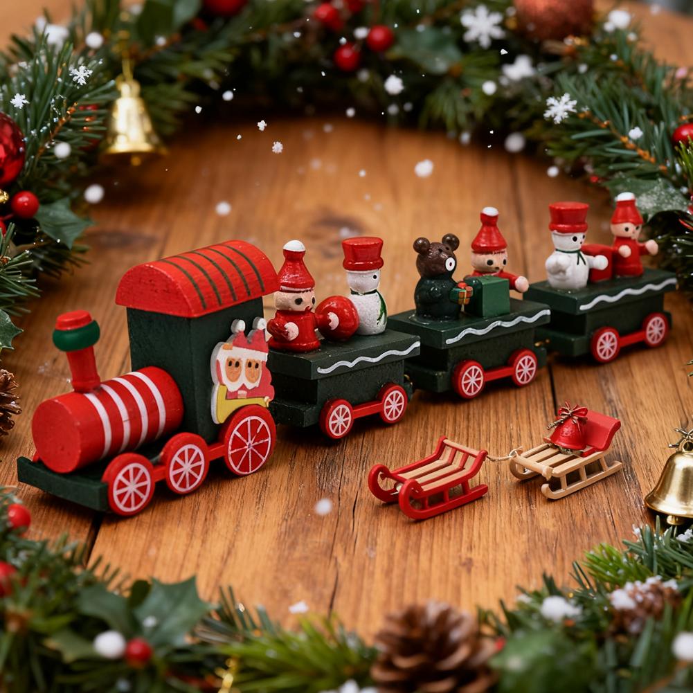 Christmas Table Decorations Mini Train Ornaments Wooden Christmas Train with Santa Snowman for New Year Holiday Party Decor Gift
