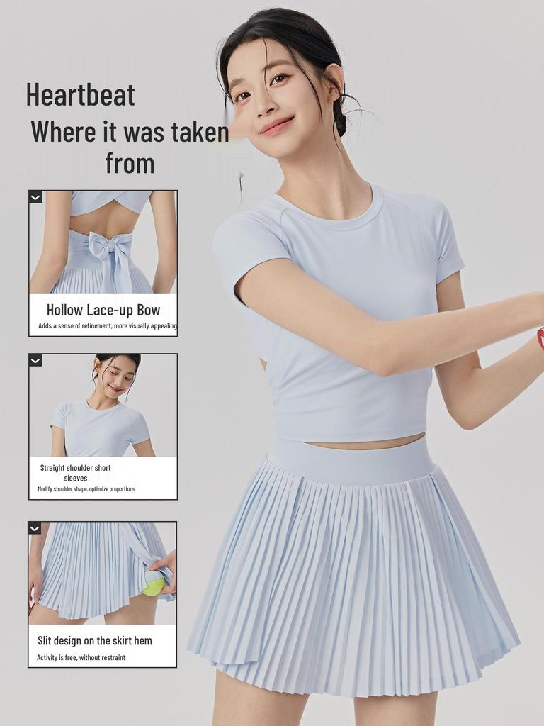 Women's Short Sleeve Yoga Suit & Pleated Tennis Skirt Set