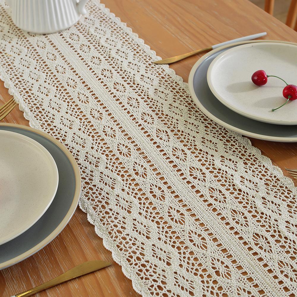 Beige Table Runner Lace Cotton Blended Fabric with Tassel For Coffee Table Decor Wedding Decoration
