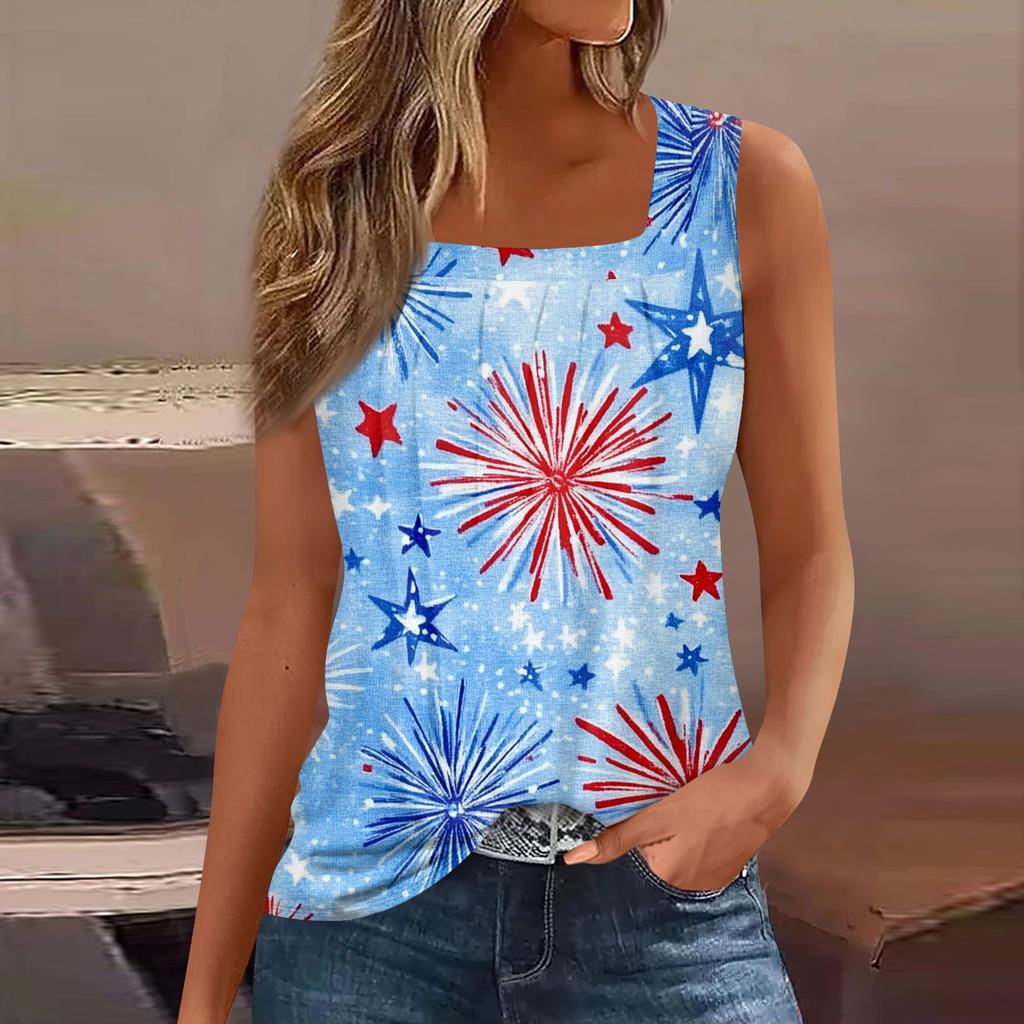 Women's Summer Casual Pleated Square Neck Sleeveless Tank Top Printed T-Shirt