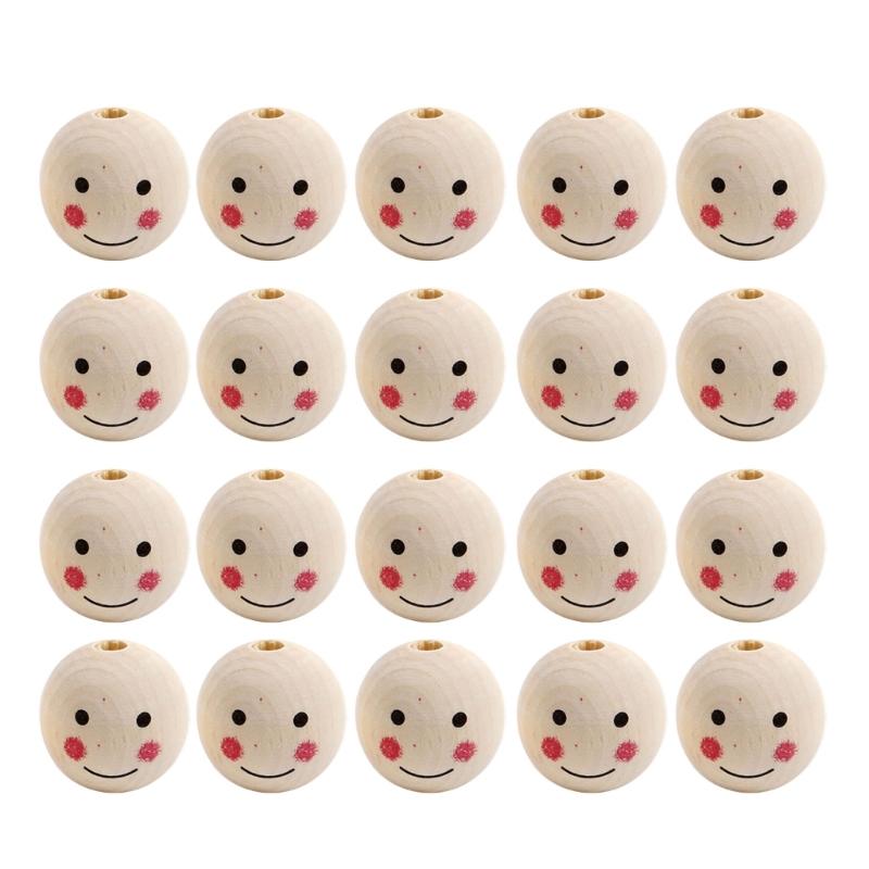 20PCS Natural Wood Beads Cute Smiling Face Pattern DIY Jewelry Making Supplies Smile Face Beads Wood Round Beads for DIY