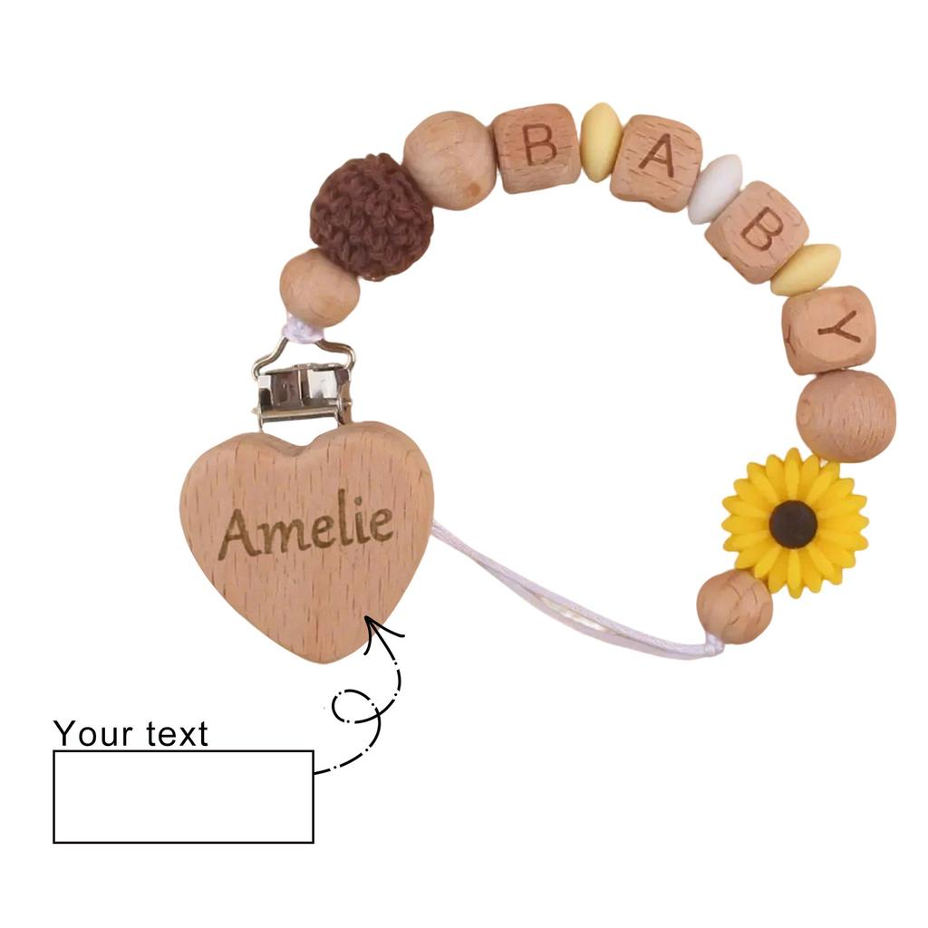 Personalized Engraving Baby Pacifier Clip, Baby Pacifier Chain, Beech Wood Peach Clip, Teething Teether Chain