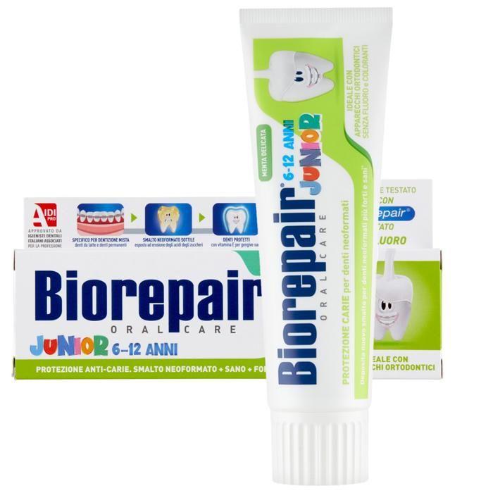 Dentifrice enfant - Biorepair - Junior 6-12 ans - Sans fluor - Protection caries - Pour appareil dentaire