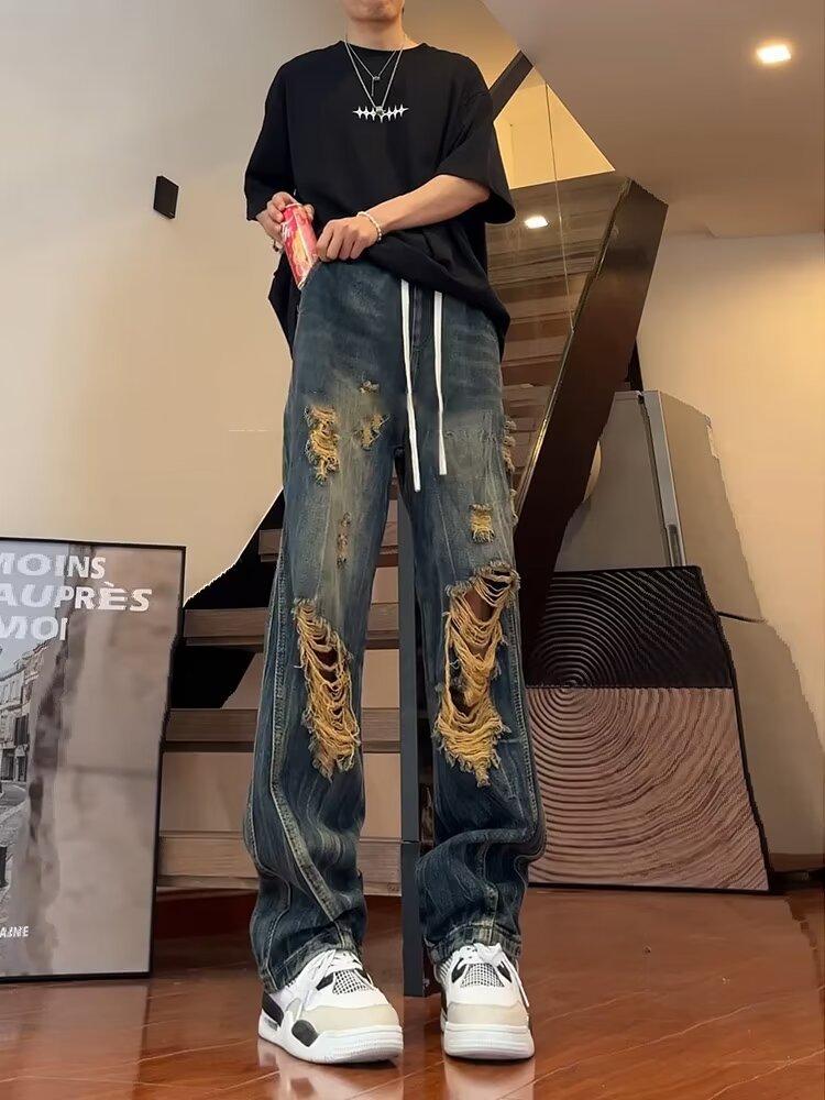 Big ripped jeans men's summer American high street thin high-end design loose wide-leg dad nine-point pants