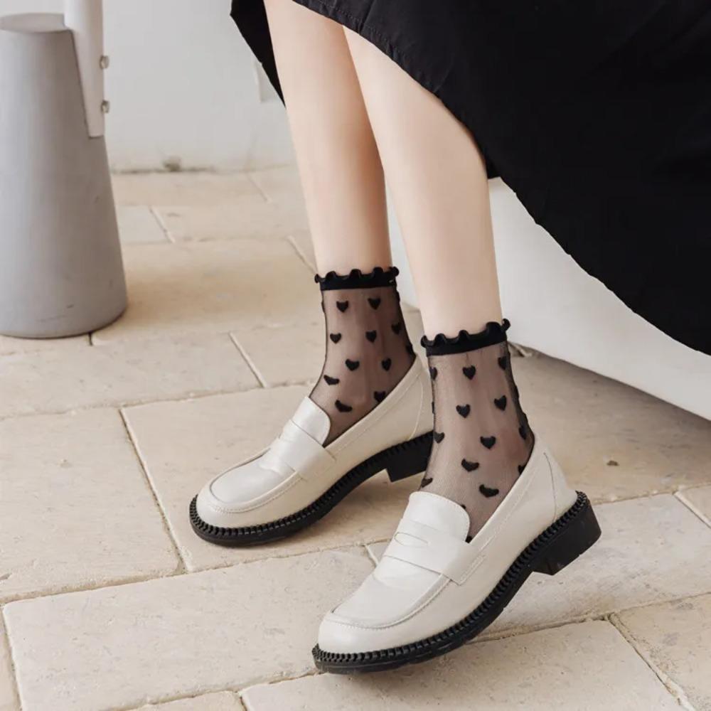 Summer Thin Transparent Lace Socks, Ruffled Heart Sheer Mesh Glass Fiber Socks, Sweet Casual Socks for Women Girls