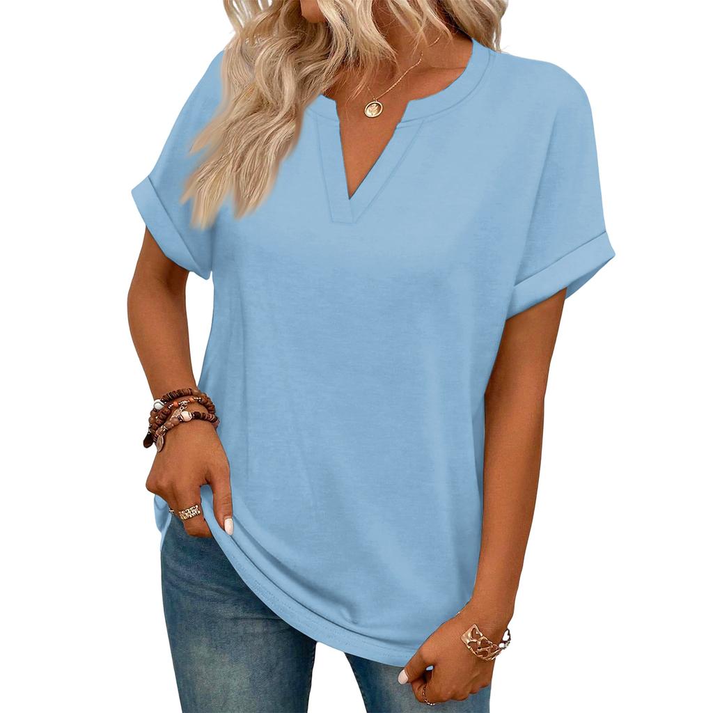 Stylish Women's Casual V-neck Short-sleeved Color T-shirt