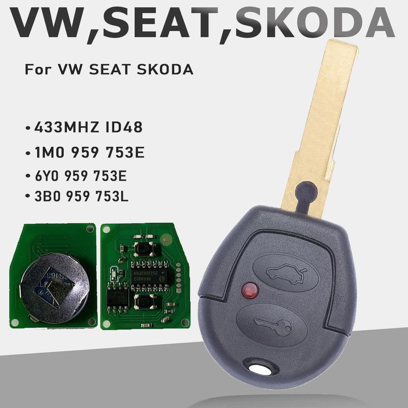 KEYECU 1M0 959 753E,3B0 959 753L, 6Y0 959 753E 433MHz ID48 Chip 2 Buttons Remote Key Fob for Seat for Volkswagen VW for Skoda 3PCS KEYS