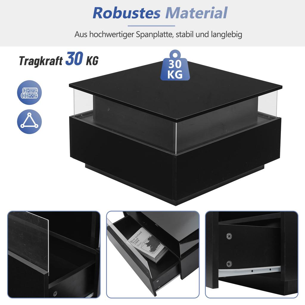 Coffee Table High Gloss Black, Square LED Lighting, Coffee Table 2 Drawers Transparent Sofa Table Side Table Tea Table Office