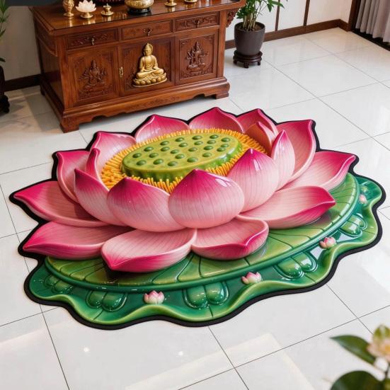 3D Lotos Fußmatte Realistische Blume Wohnzimmerteppich Waschbar Rutschfeste Teppich für Zuhause Meditationsraum Schlafzimmer Dekoration