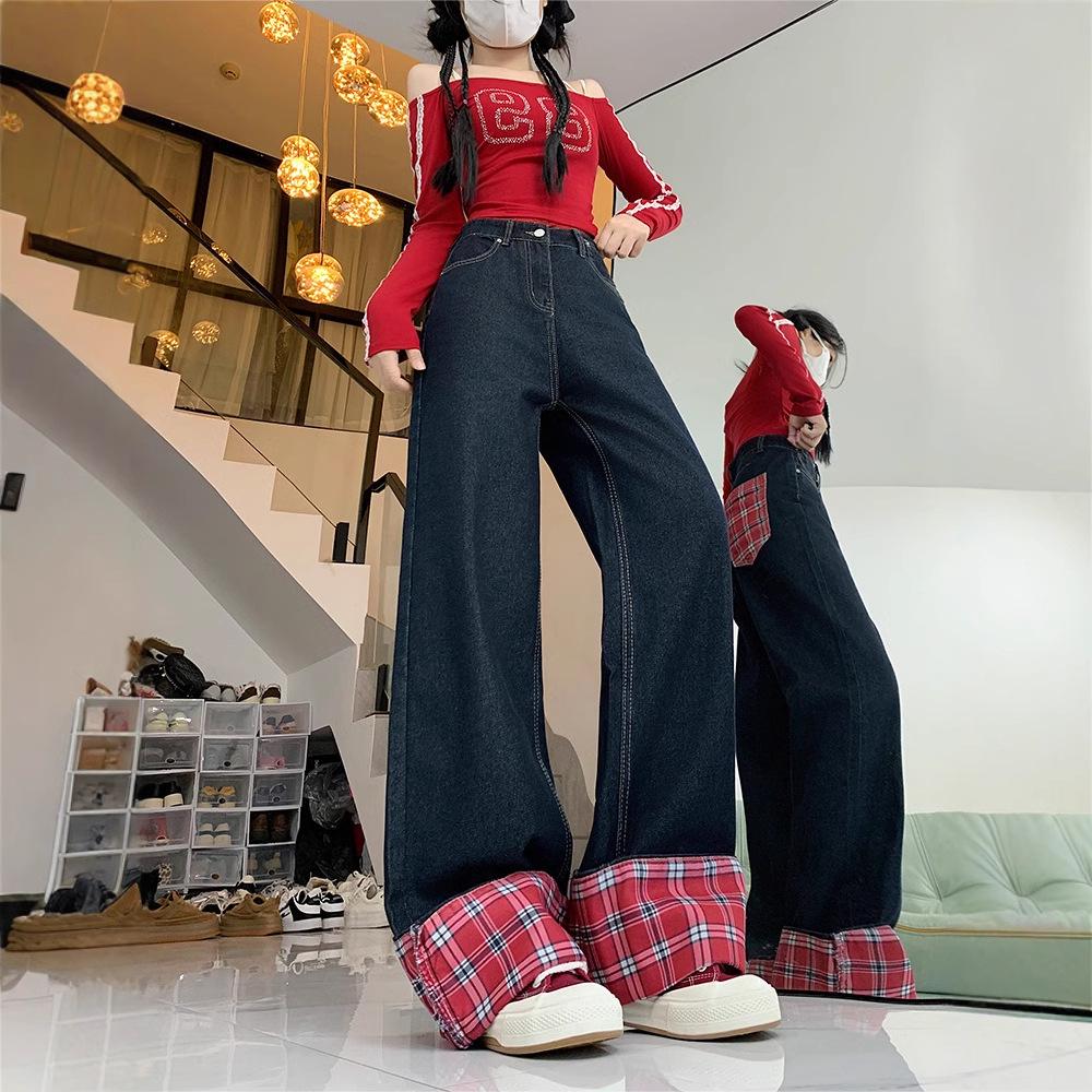 Women's High-Waist Red Plaid Patchwork Wide-Leg Jeans - Retro Style, Plus Size, Slimming Fit for 2024 Autumn/Winter