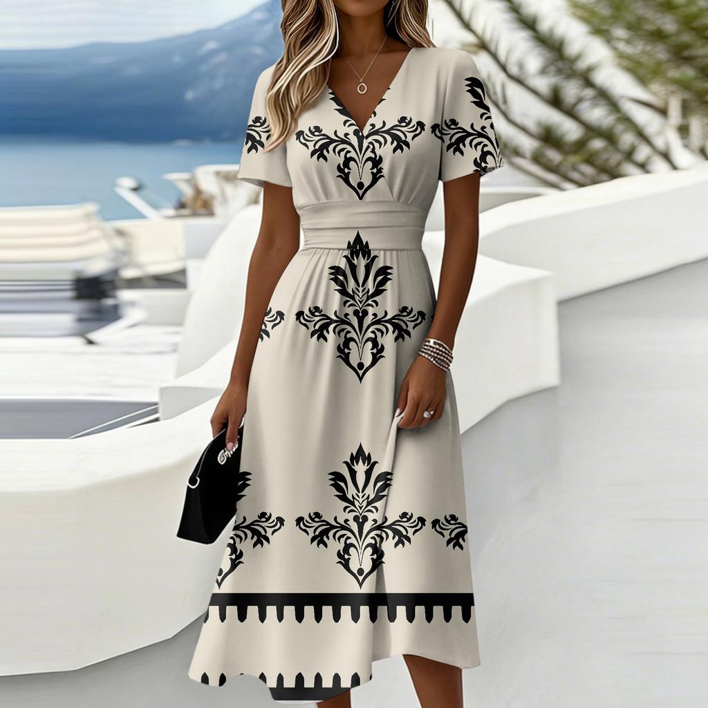 Rochie de damă florală casual, la modă, cu mânecă scurtă și decolteu în V