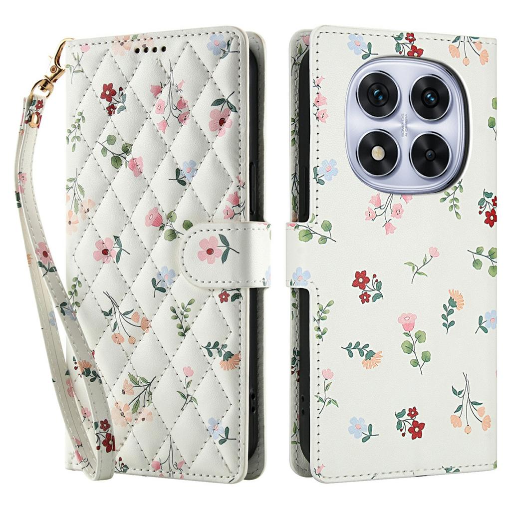 Für Xiaomi Redmi Note 14 Pro 4G Brieftaschenhülle Rhombisches Blumendesign Leder Klapphandyhülle mit Riemen