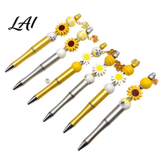 Easy Assemble Beaded Pens Sunflower Bee Ballpoint Pen Set DIY Stationery Accessories Kits Smooth Writing Pen for Students Handmade Craft