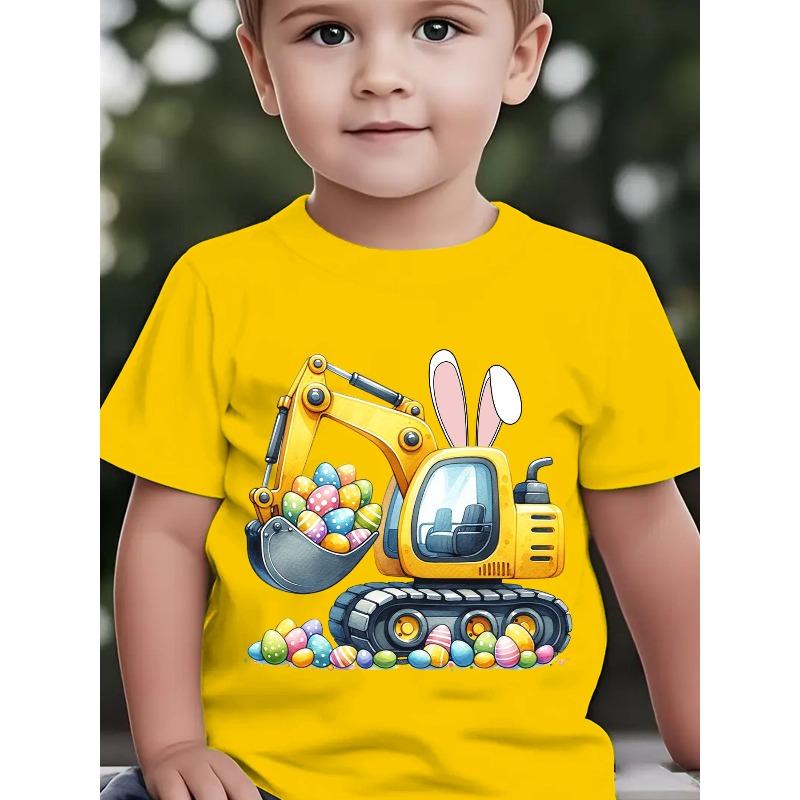 European sizes Children Easter Summer Boys' Fashion Short-Sleeve T-Shirt with Bunny Ears, Excavator, Easter Egg Prints - Outdoor Casual Top NY-DX5442