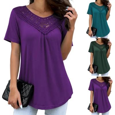 Ladies Plus Size Top Solid Color Lace Stitching Round Neck Short Sleeves