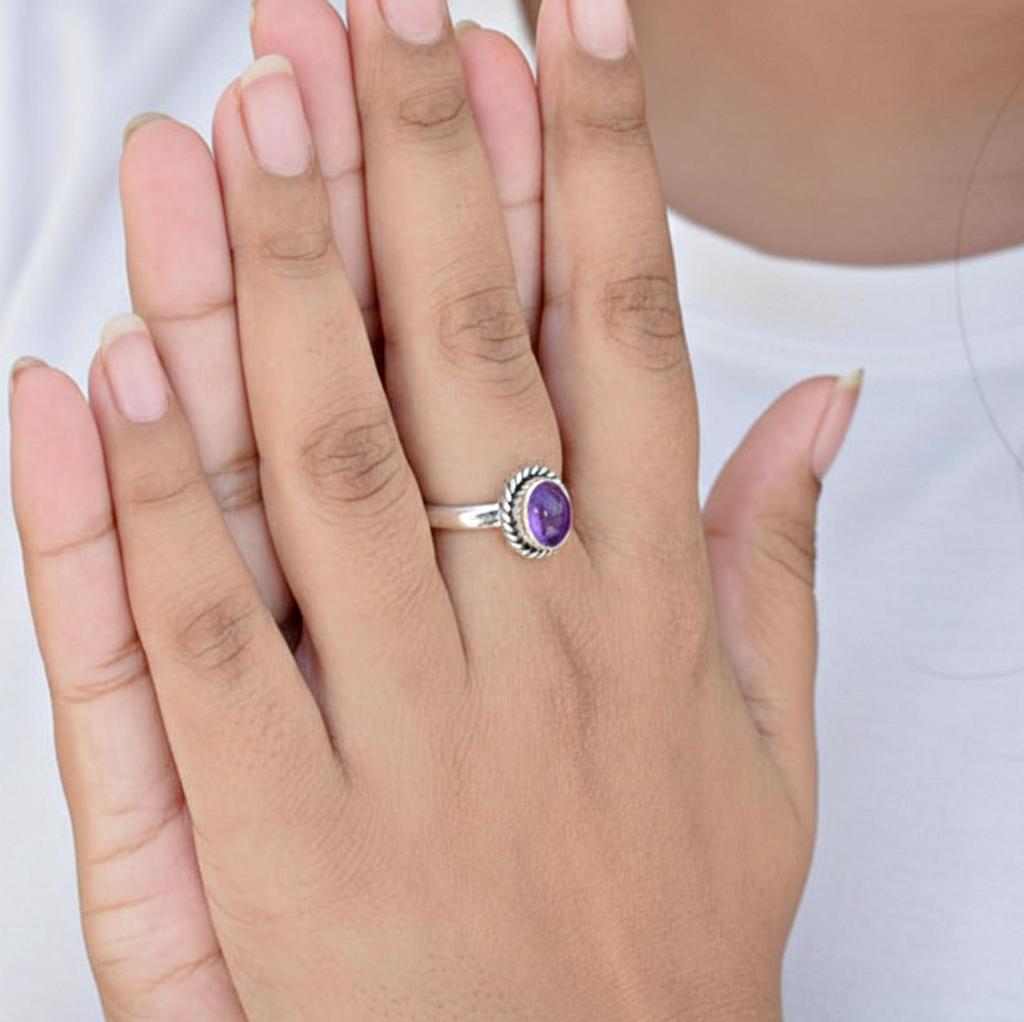 Purple Amethyst Oval Rope Bazel Ring, 925 Sterling Silver Jewelry, Minimalist Boho Ring for Women