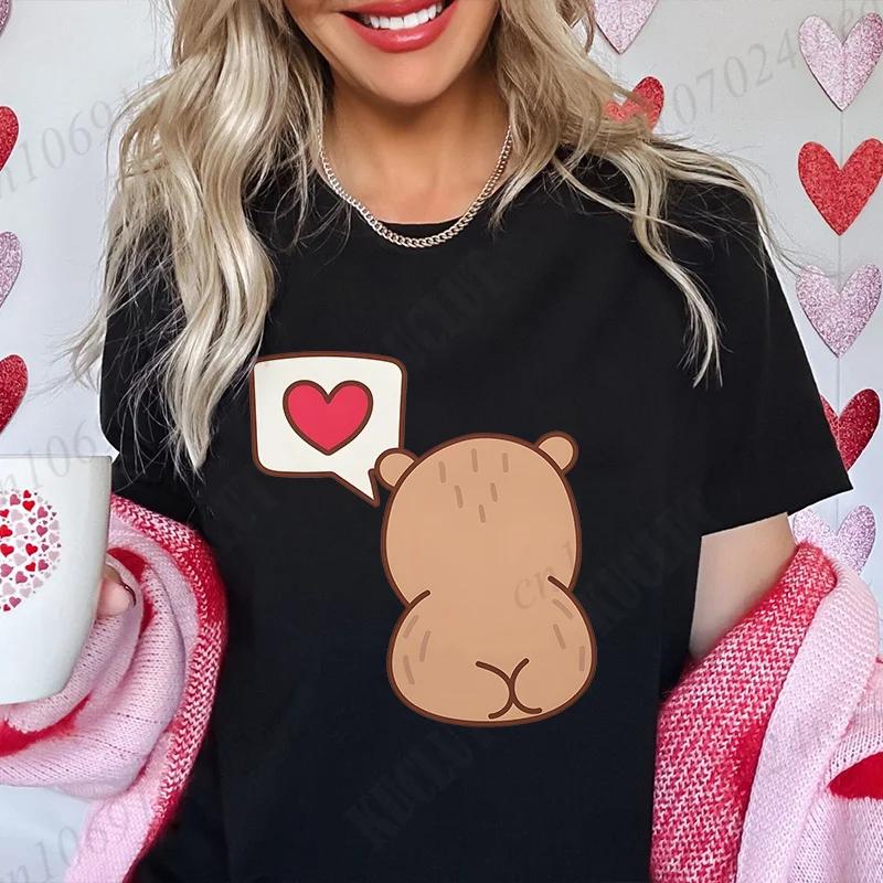 Love Heart Capybara Female Clothing Casual Tshirt Women Summer Harajuku Shirts Cute Graphic Tops Fashion Valentines Day Tees