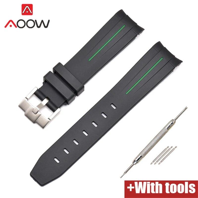 20/21/22mm Curved End Rubber Strap for Rolex Stainless Steel Buckle Men Women Sport Waterproof TPU Replacement Bracelet Band