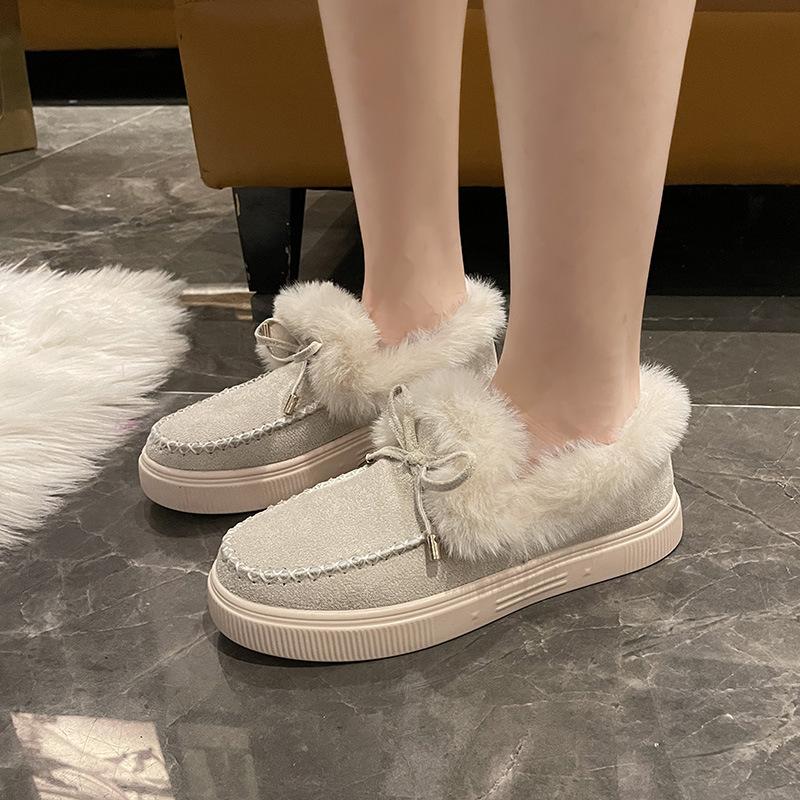 Women's cotton shoes 23 winter European and American bow warm shoes flat-soled fluffy shoes versatile women's shoes