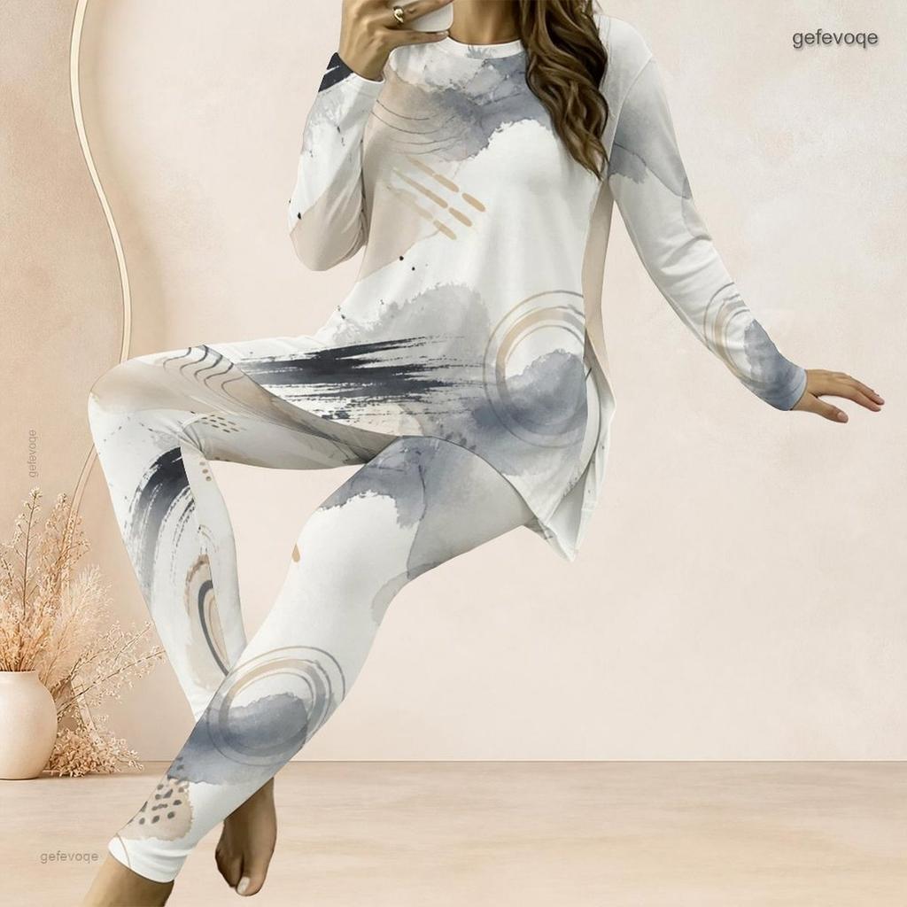 Women Plus Size Round Neck Long Sleeve Printed Longline Top Fitted Pants Two Piece Set