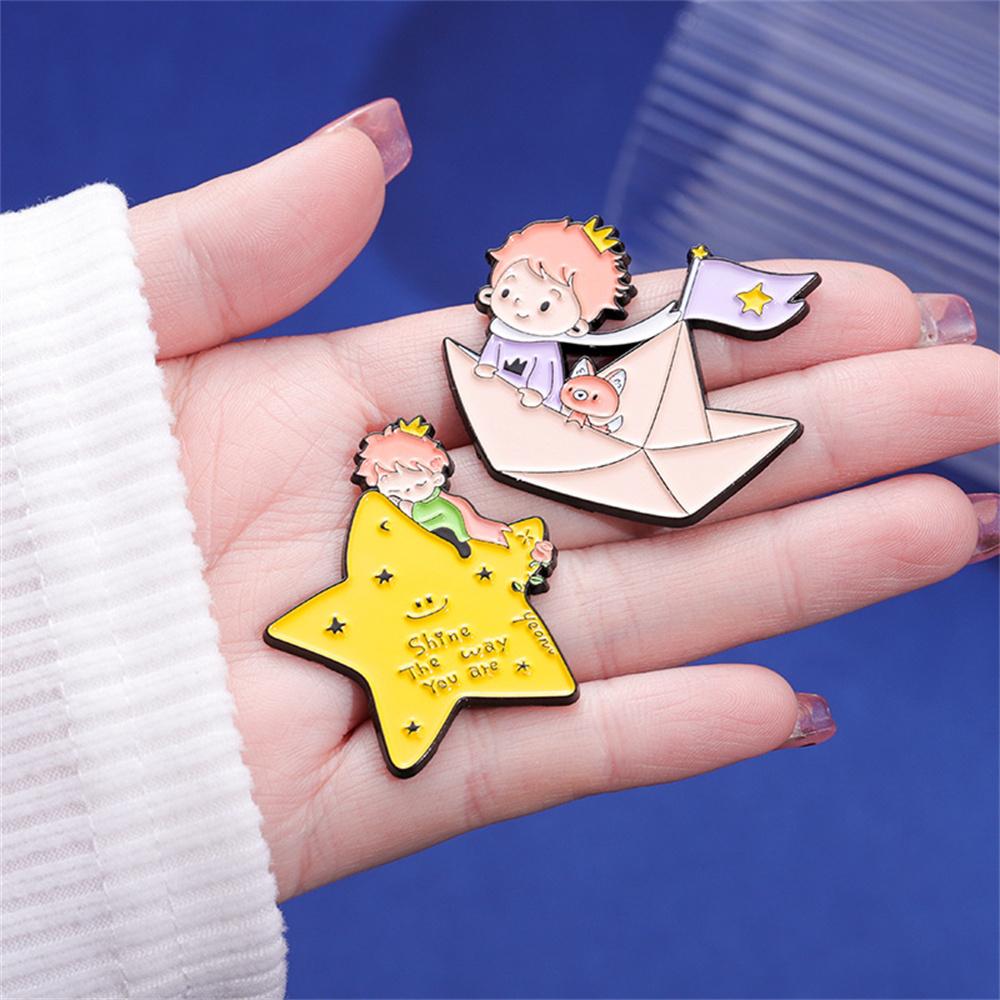 Cute Prince Fox Enamel Pins Custom Moon Star Paper Boat Whale Brooches Lapel Badges Cartoon Jewelry Gift for Kids Friends