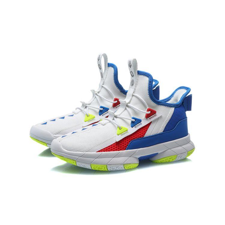 LiNing Youth  Anti-Slip Shock Absorption Wear-Resistant Breathable Mid-Top Basketball Shoes Kids Sneakers White Blue YKCQ246-3