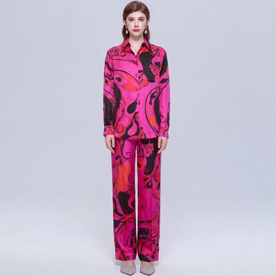 Luxury Commuter-Style Printed Casual Two Piece Set for Women Vinatge Long Sleeve Shirt and Straight-Leg Pants 2 Piece Set Trousers Set