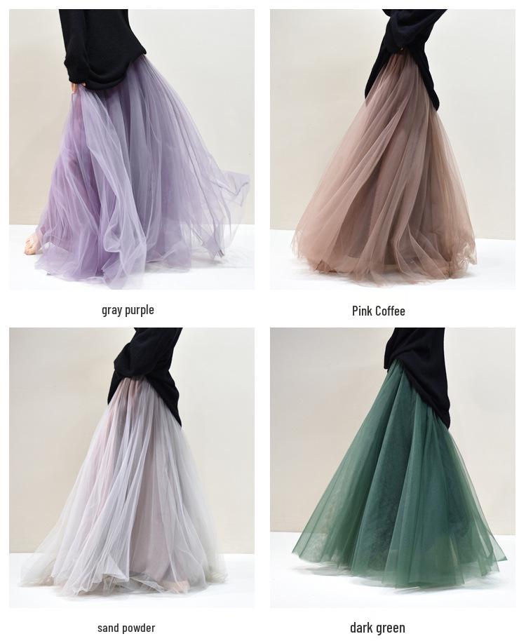 Women's Mesh Pleated Tulle Midi Skirt - Mid-Length, Large Swing Design for Dance and Fairy Styles.