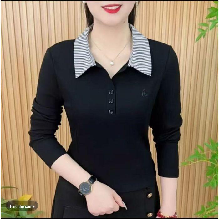 Dámské luxusní polo s dlouhým rukávem: Jaro/Podzim 2025, Límec s klopami, Jednobarevné, Všestranný top pro nošení matkou