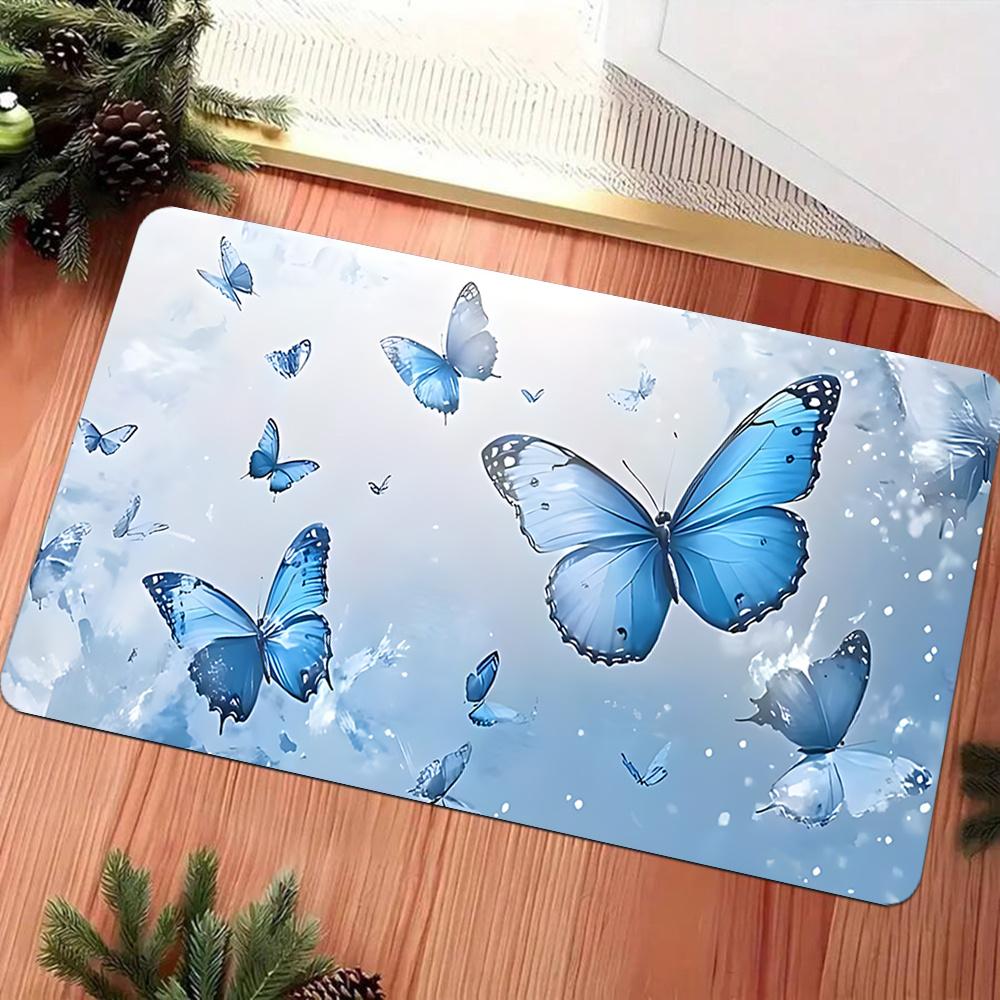 1pc Blue butterfly patterned floor mat, machine washable polyester, suitable for bedroom and living room décor.