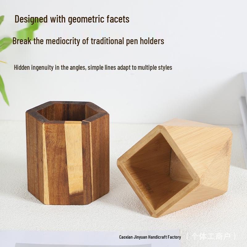 Wooden Rhombus Pen Holder - Creative Solid Wood Desk Organizer for Stationery and Makeup Storage