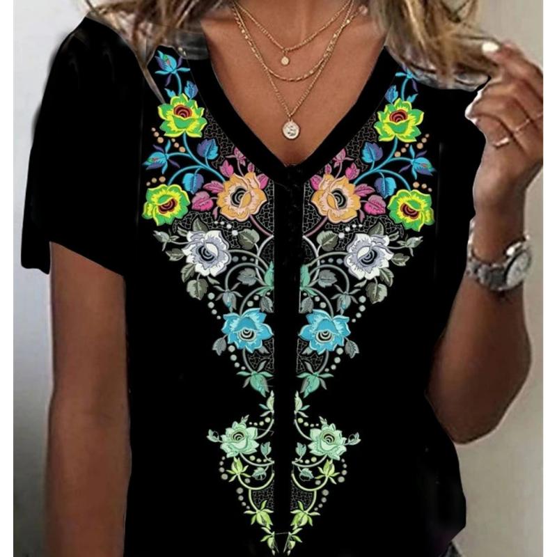 

Богемная женская футболка с 3d цветами и принтом, топы, большие размеры с v-образным вырезом, женская одежда, винтажная женская футболка с короткими рукавами, Yk2, уличная одежда