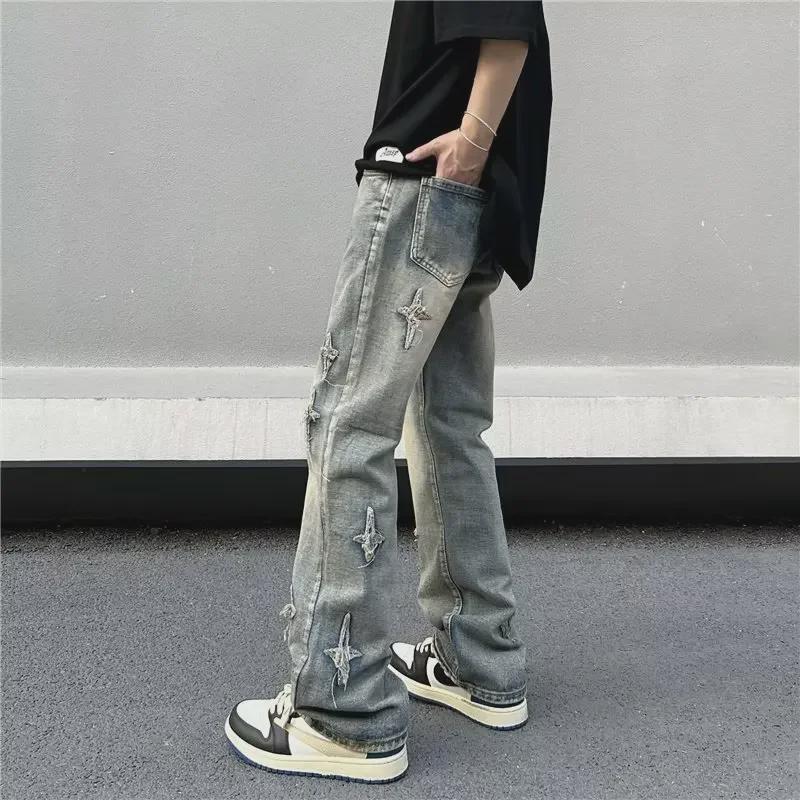 

Men s Retro Star Embroidered Washed Denim Trousers 3XL