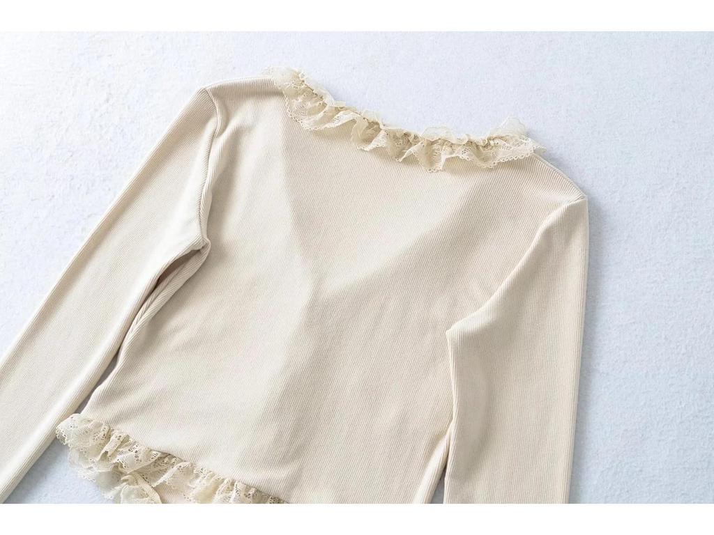 Sweet Lace Trim Patchwork V-Neck Women's Long Sleeve Slim Fit T-Shirt for Spring 2025