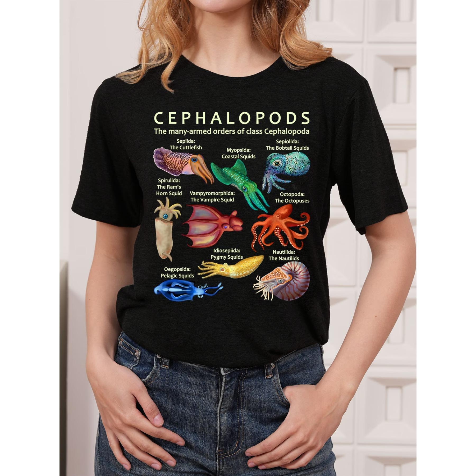 

С участием головоногих моллюсков, таких как осьминоги, кальмары, каракатицы и наутилусы. Футболка с принтом, повседневный топ с коротким рукавом для лета и весны, женская одежда S чёрный