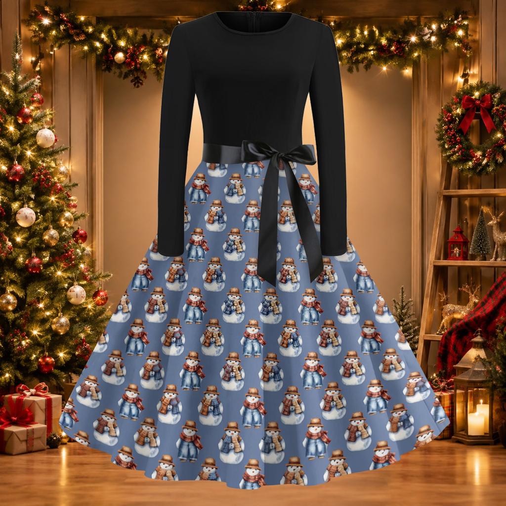 Women's Casual Fashion Christmas Print Round Neck Vintage Dress for Holiday Parties