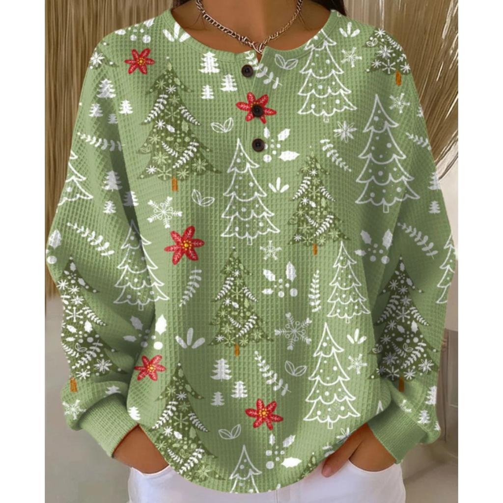 Women's Crew Neck Long Sleeve Waffle Knit Henley Top Loose Fit Casual Sweatshirt