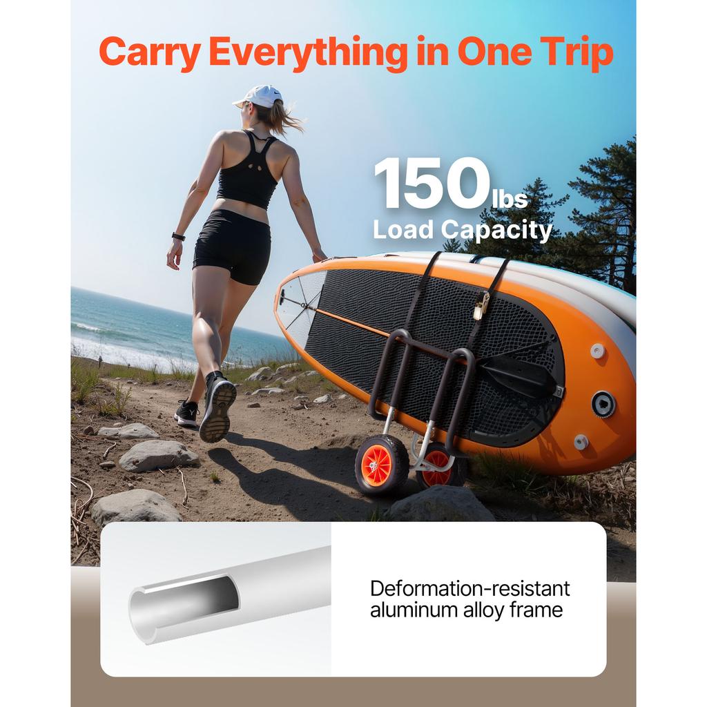 Carrello Kayak SucceBuy Capacità 150 lbs Trolley per Stand Up Paddle Board con Ruote in Gomma Solida da 10 Pollici e Cavalletti per Paddleboard