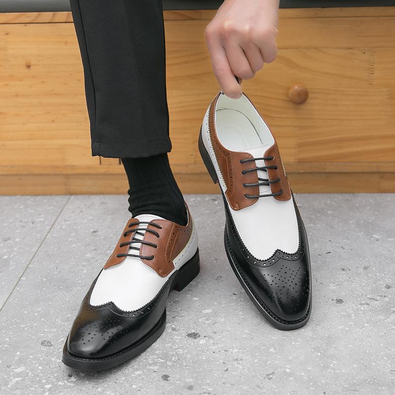 Fashion New Men Dress Shoes Luxury Derby Business Leather Shoes for Mens Patchwork Pointed Social Shoe Male Black Casual Wedding Shoes