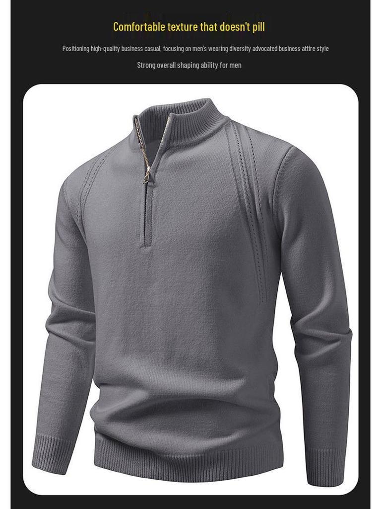 Men's Solid Color Stand Collar Half-Zip Sweater for Autumn/Winter - European & American Casual Knit Pullover