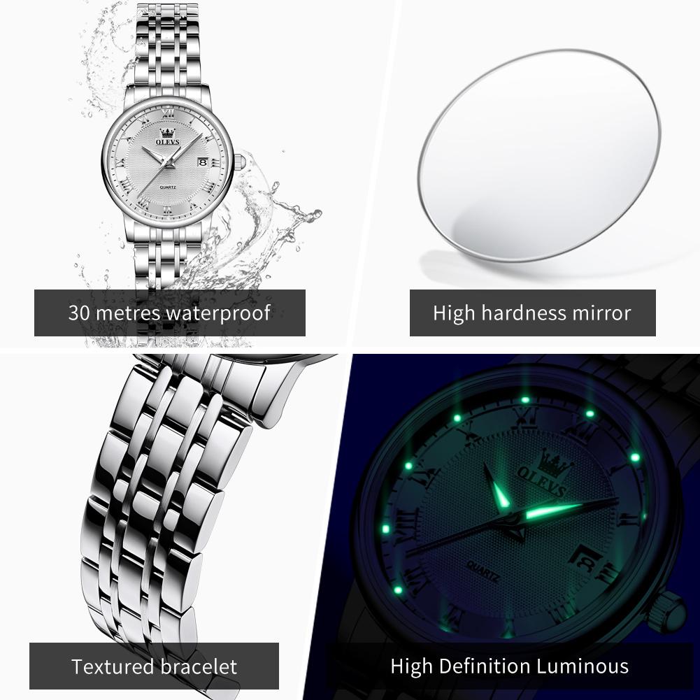 OLEVS Kvarts Klokker for Dame Ultratynn Solid Stållenke Elegant Mote Romersk Skala Auto Dato Vanntett Dameklokker