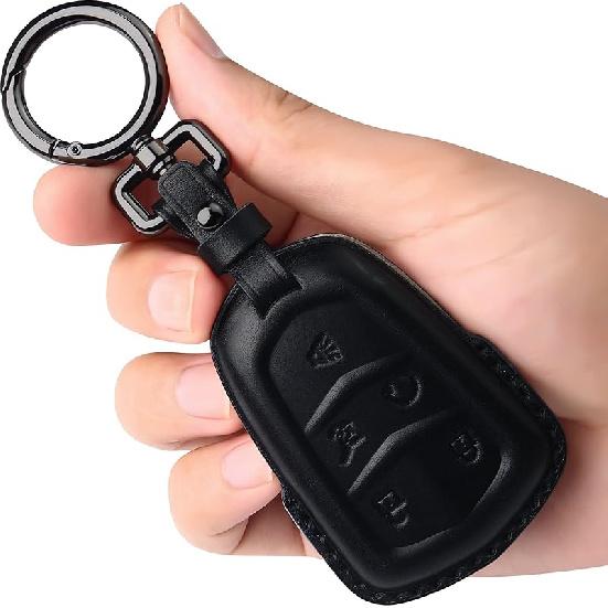 Tukellen for Cadillac Leather Key Fob Cover with Keychain Leather Key Case Key Shell 360 Degree Full Protection Compatible with Cadillac Escalade CTS