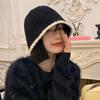 Black Knitted Plush Bucket Hat Women's Autumn and Winter New Big Head Circumference Bucket Hat Showing Face Small Hat
