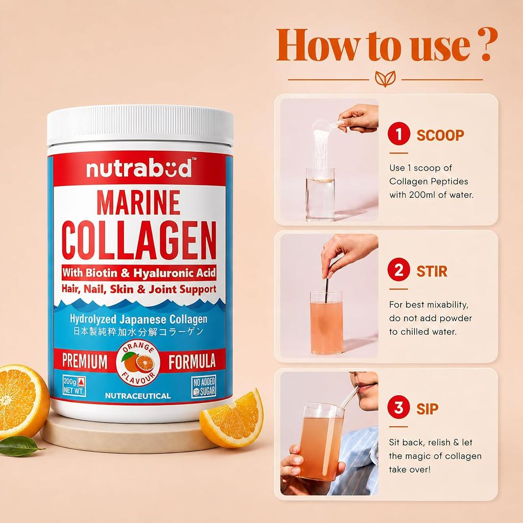 Nutrabud Japanese Marine Collagen Peptides Powder Orange Flavor Supplement For Skin Hair And Nail Health 200g Pack Of 1