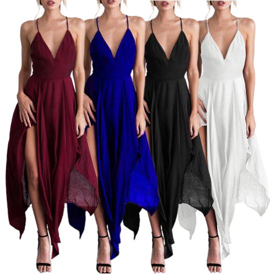 Women Prom Dress Deep V Neck Low Cut Sleeveless Backless Spaghetti Strap Dress-up Cross Back Irregular Hem Wedding Dress Women Clothes